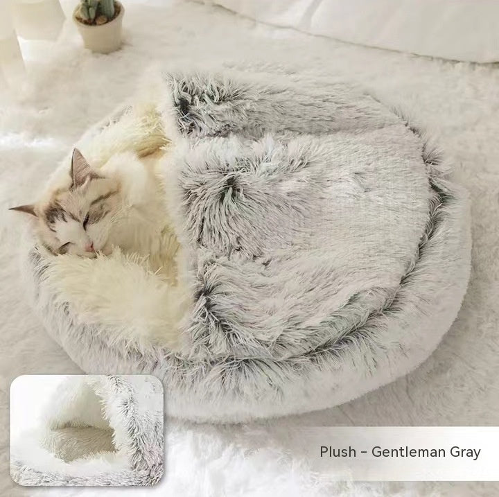 2-in-1 Plush Pet Bed Round Soft Warm Winter Sleeping Nest