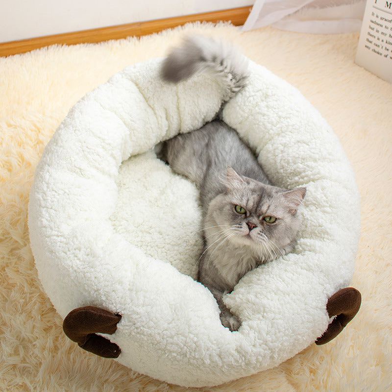 Lamb Wool Round Pet Bed Soft Cozy Deep Sleep Nest