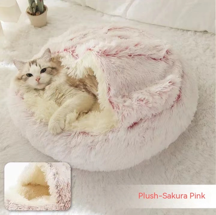 2-in-1 Plush Pet Bed Round Soft Warm Winter Sleeping Nest