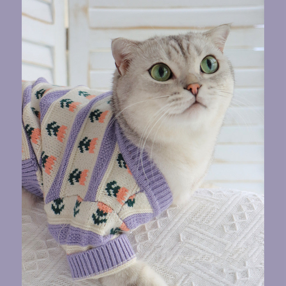 Retro Purple Flower Knitted Pet Sweater