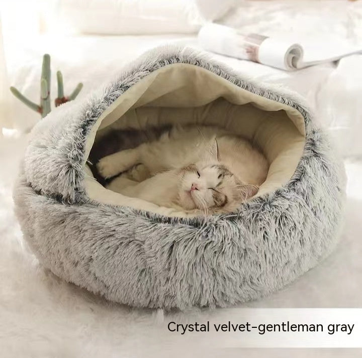 2-in-1 Plush Pet Bed Round Soft Warm Winter Sleeping Nest
