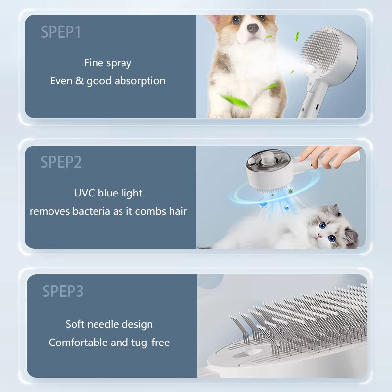 3-in-1 Electric Steam Brush Pet Grooming Massage Shedding Comb