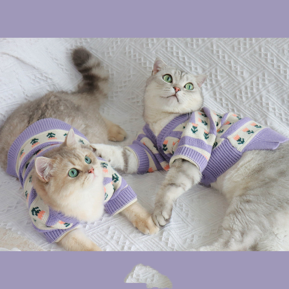 Retro Purple Flower Knitted Pet Sweater