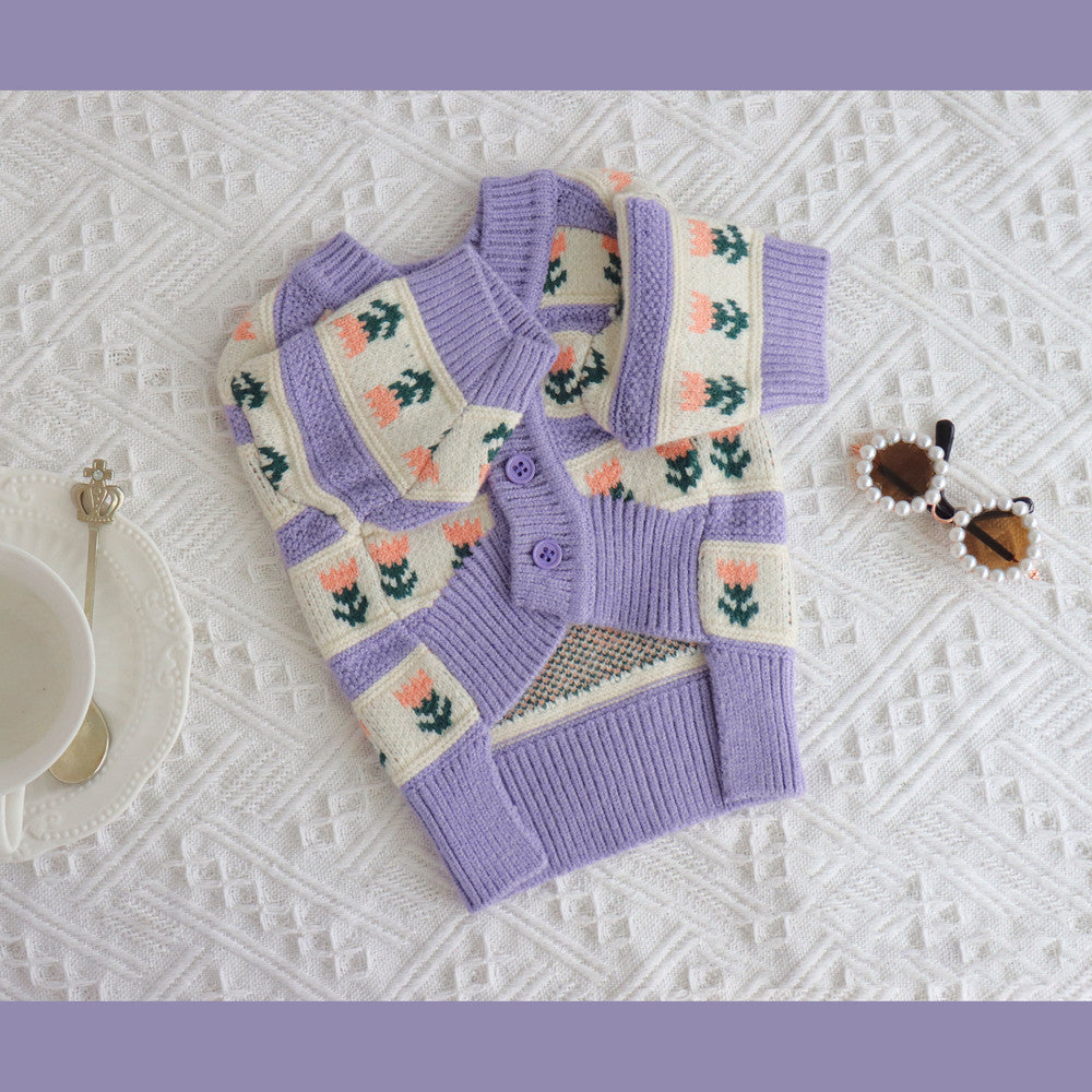 Retro Purple Flower Knitted Pet Sweater