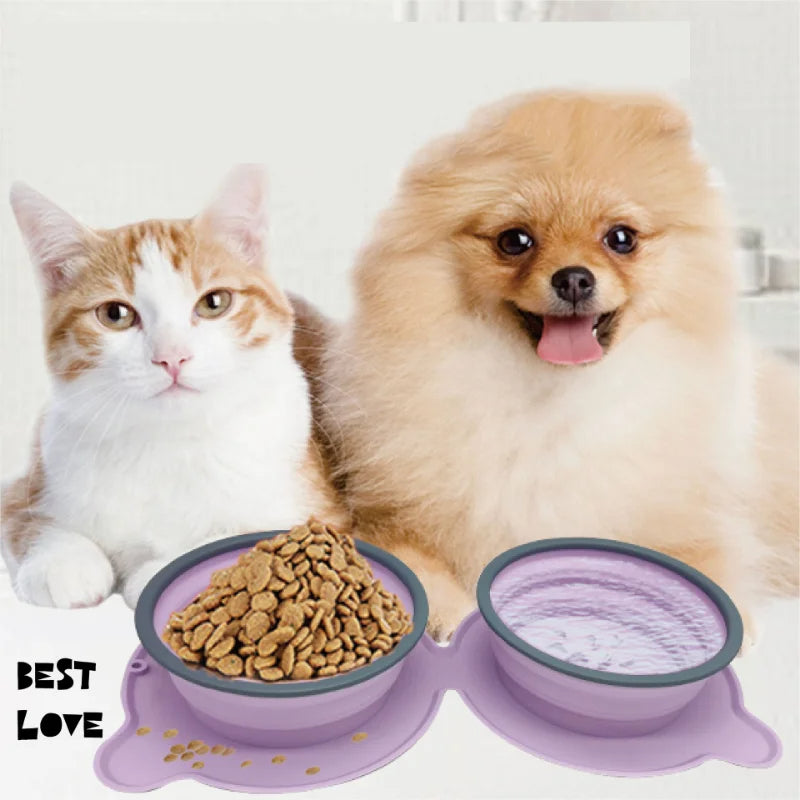 Portable Silicone Double Pet Bowl Foldable Non-Slip Travel Feeding