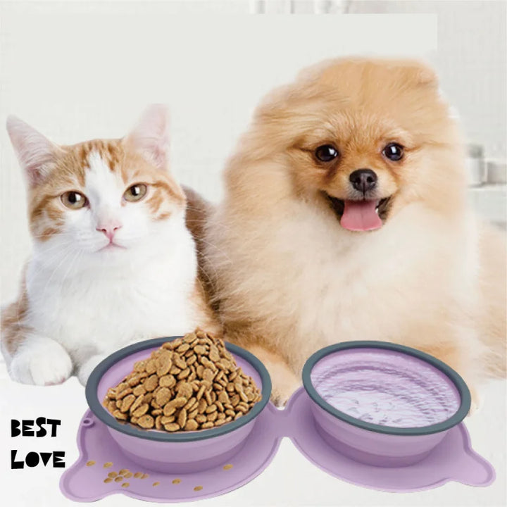 Portable Silicone Double Pet Bowl Foldable Non-Slip Travel Feeding