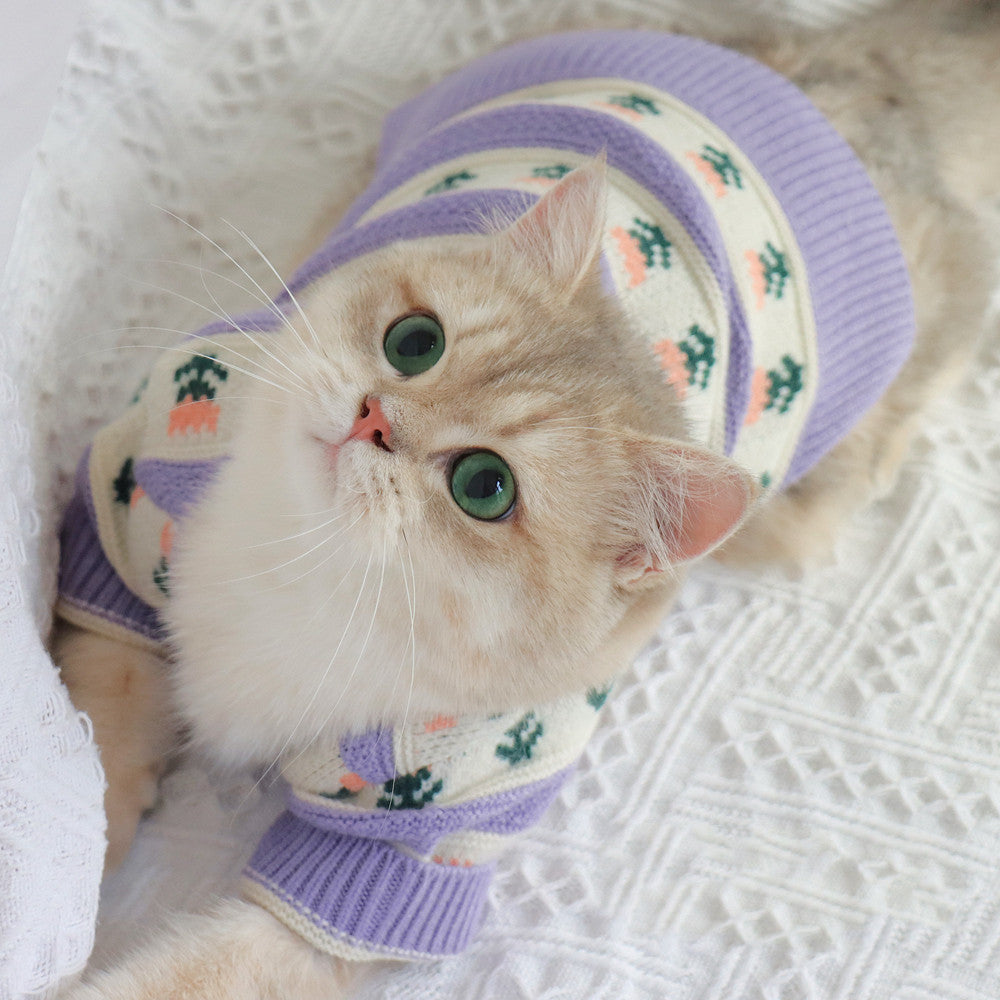 Retro Purple Flower Knitted Pet Sweater