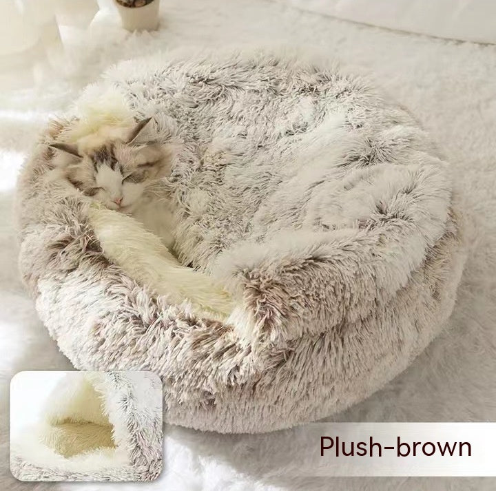 2-in-1 Plush Pet Bed Round Soft Warm Winter Sleeping Nest